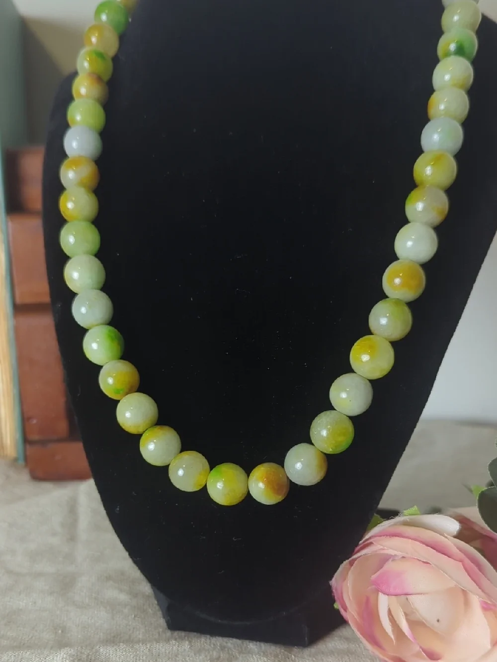 Jade Toned Stone Bead Necklace Earthy Luxe Green & Honey Gemstone Strand